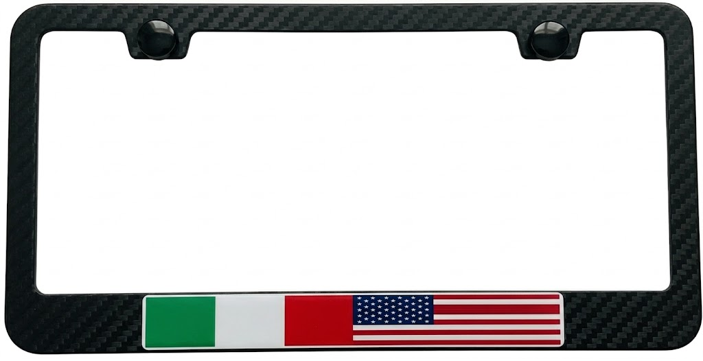Italian American Flag License Plate Frame – Sporty Carbon Fiber /Shiny Stainless Steel