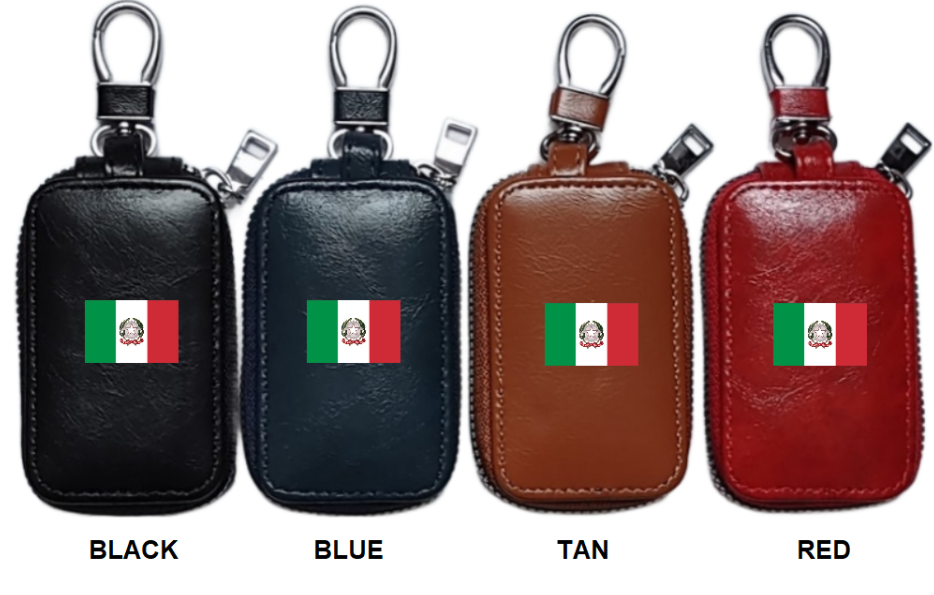Premium Cowhide Leather Smart Key Case Safe Guard with Italian Flag Emblem & Clear Window