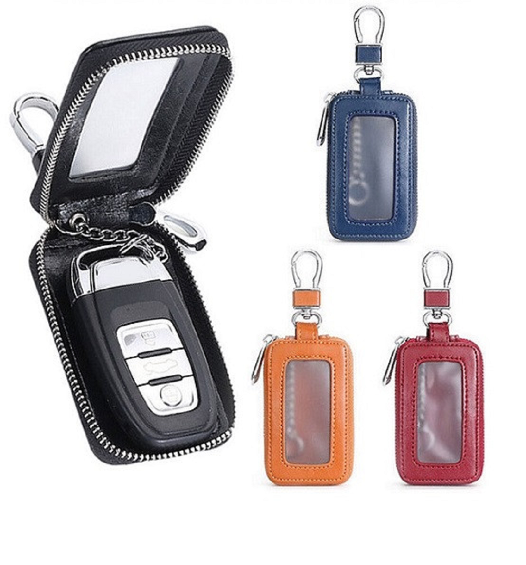Premium Cowhide Leather Smart Key Case Safe Guard with Italian Flag Emblem & Clear Window