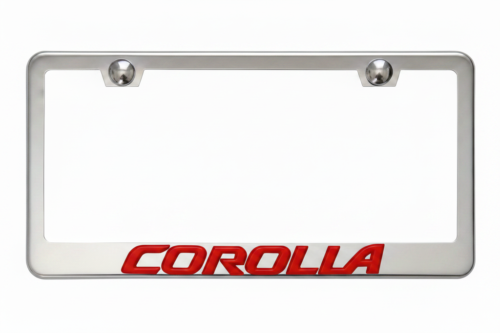 Corolla 3D Stainless Steel License Plate Frame - Red Lettering