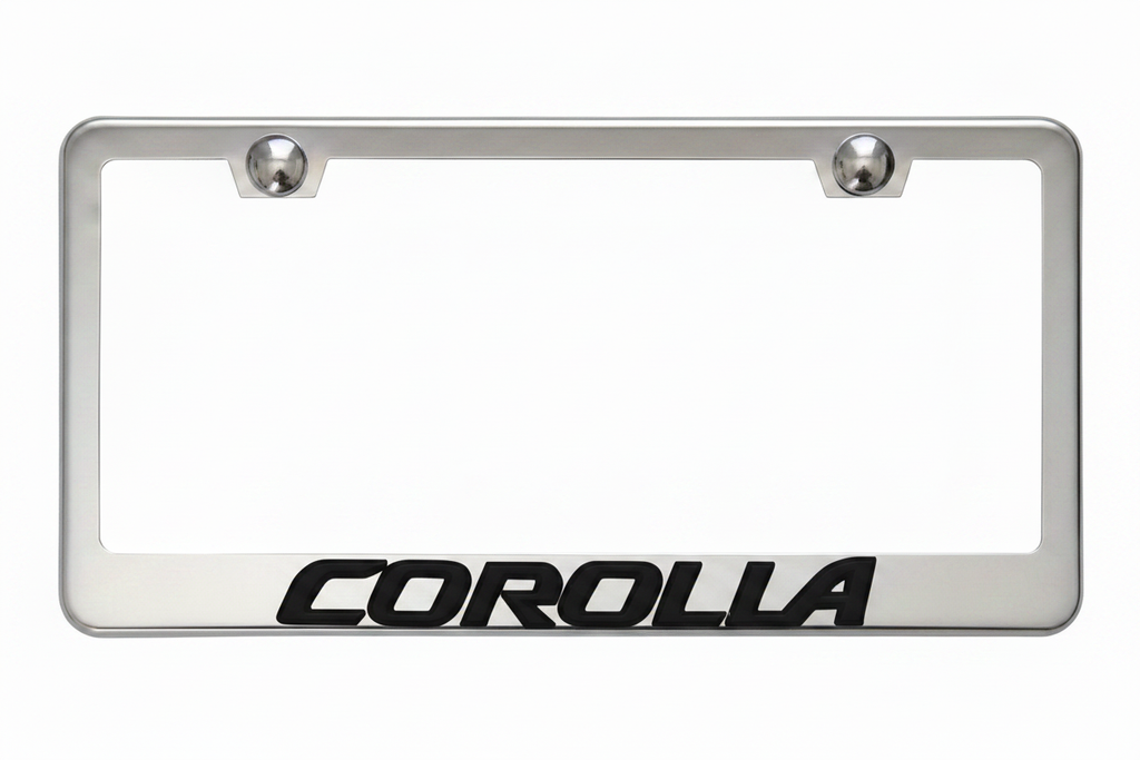 Corolla 3D Stainless Steel License Plate Frame - Black Lettering