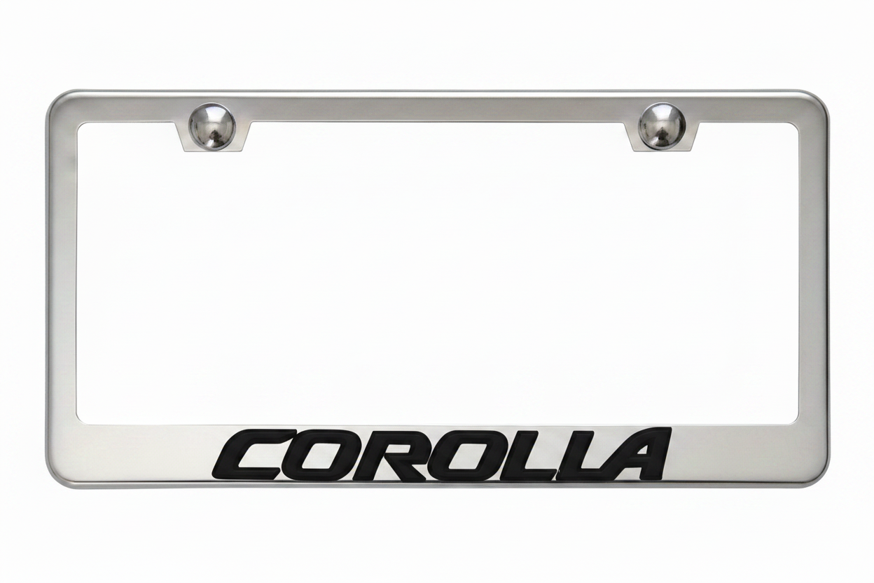 Corolla 3D Stainless Steel License Plate Frame - Black Lettering