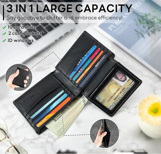 Lexus Bi-Fold Wallet - 3 in 1 Large Capacity: 10 card slots, 2 cash pockets, ID windows